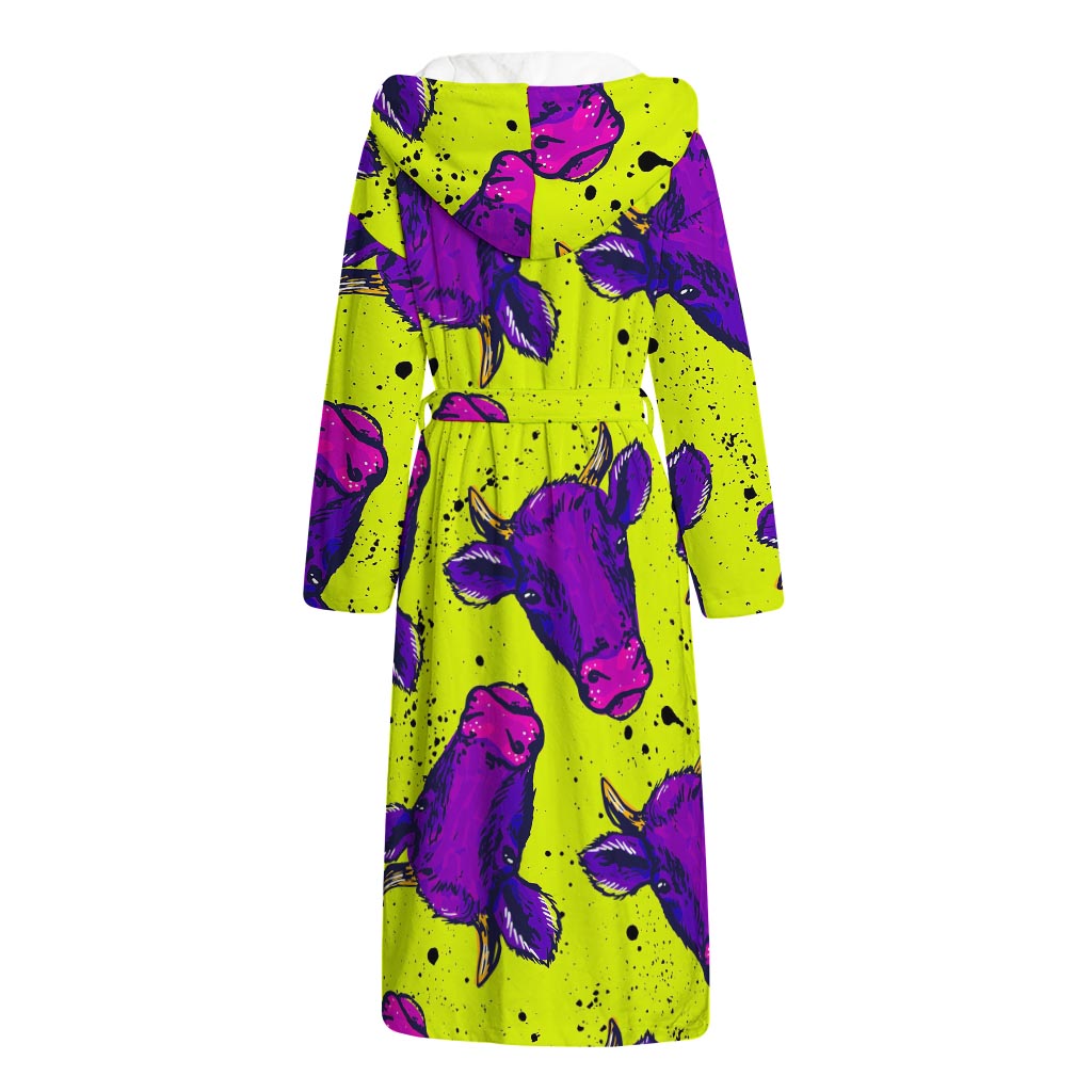 Lime Green And Purple Cow Pattern Print Hooded Bathrobe