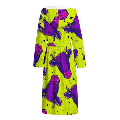 Lime Green And Purple Cow Pattern Print Hooded Bathrobe