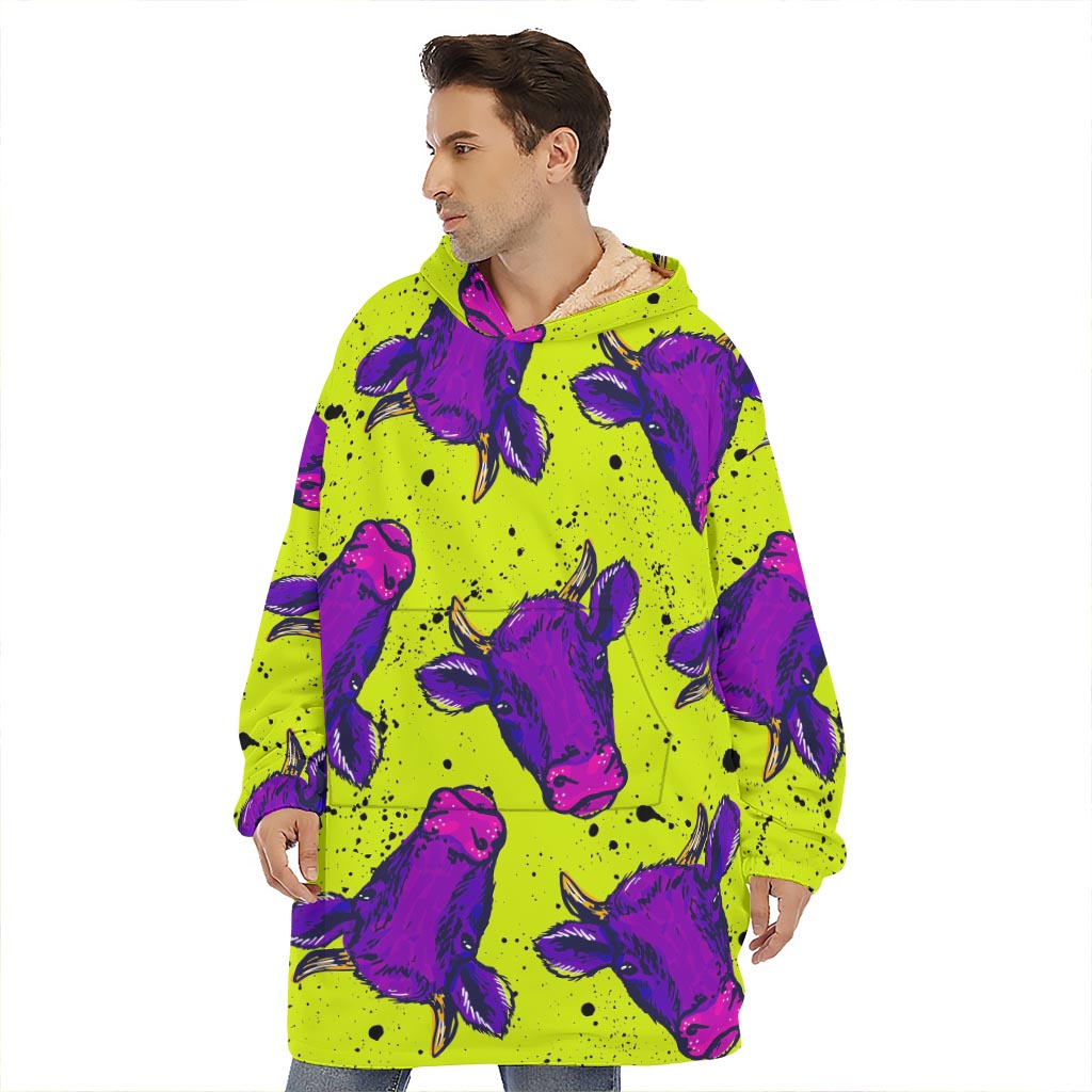 Lime Green And Purple Cow Pattern Print Hoodie Blanket