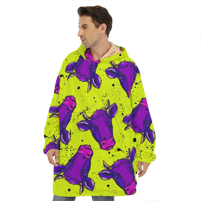 Lime Green And Purple Cow Pattern Print Hoodie Blanket