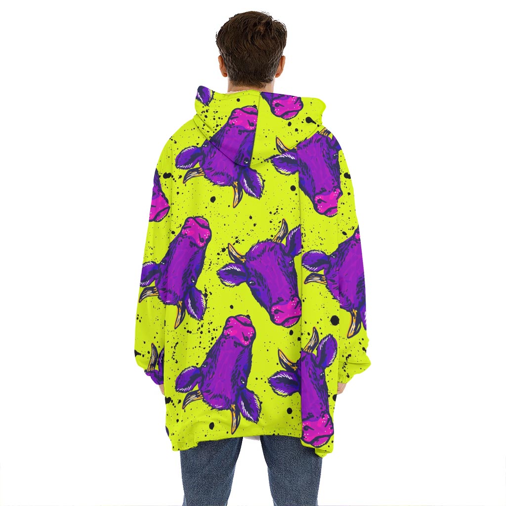 Lime Green And Purple Cow Pattern Print Hoodie Blanket