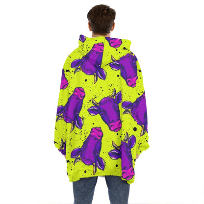 Lime Green And Purple Cow Pattern Print Hoodie Blanket