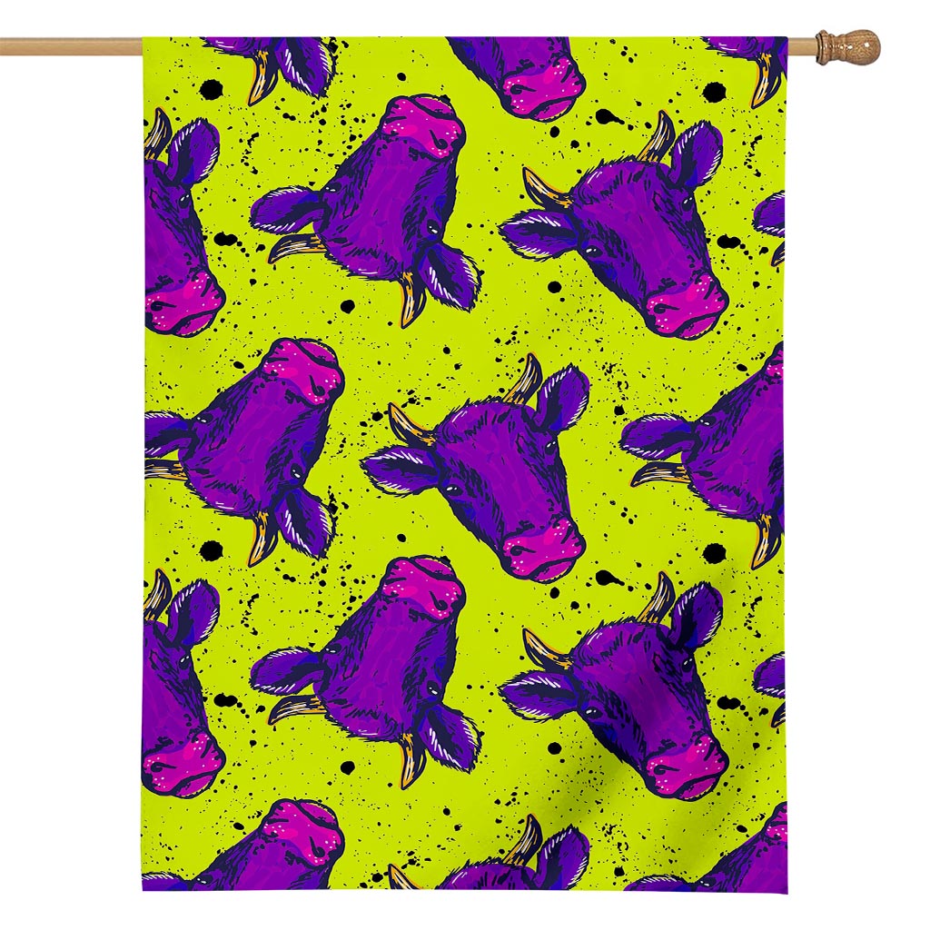 Lime Green And Purple Cow Pattern Print House Flag