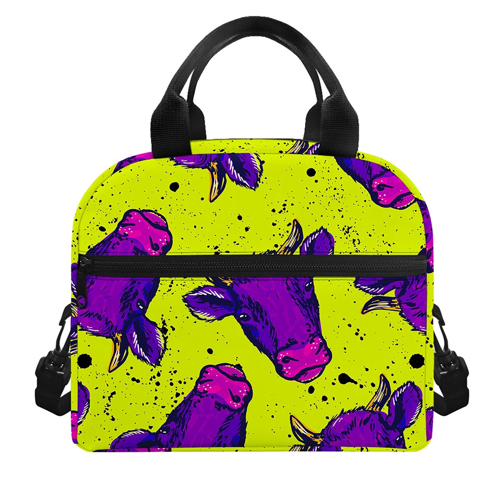Lime Green And Purple Cow Pattern Print Insulated Lunch Bag