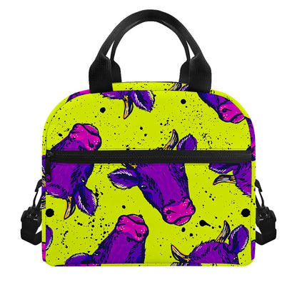 Lime Green And Purple Cow Pattern Print Insulated Lunch Bag