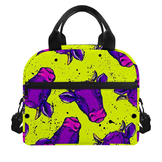 Lime Green And Purple Cow Pattern Print Insulated Lunch Bag