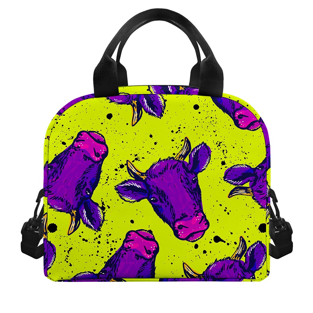 Lime Green And Purple Cow Pattern Print Insulated Lunch Bag