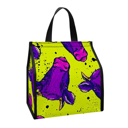 Lime Green And Purple Cow Pattern Print Insulated Lunch Tote