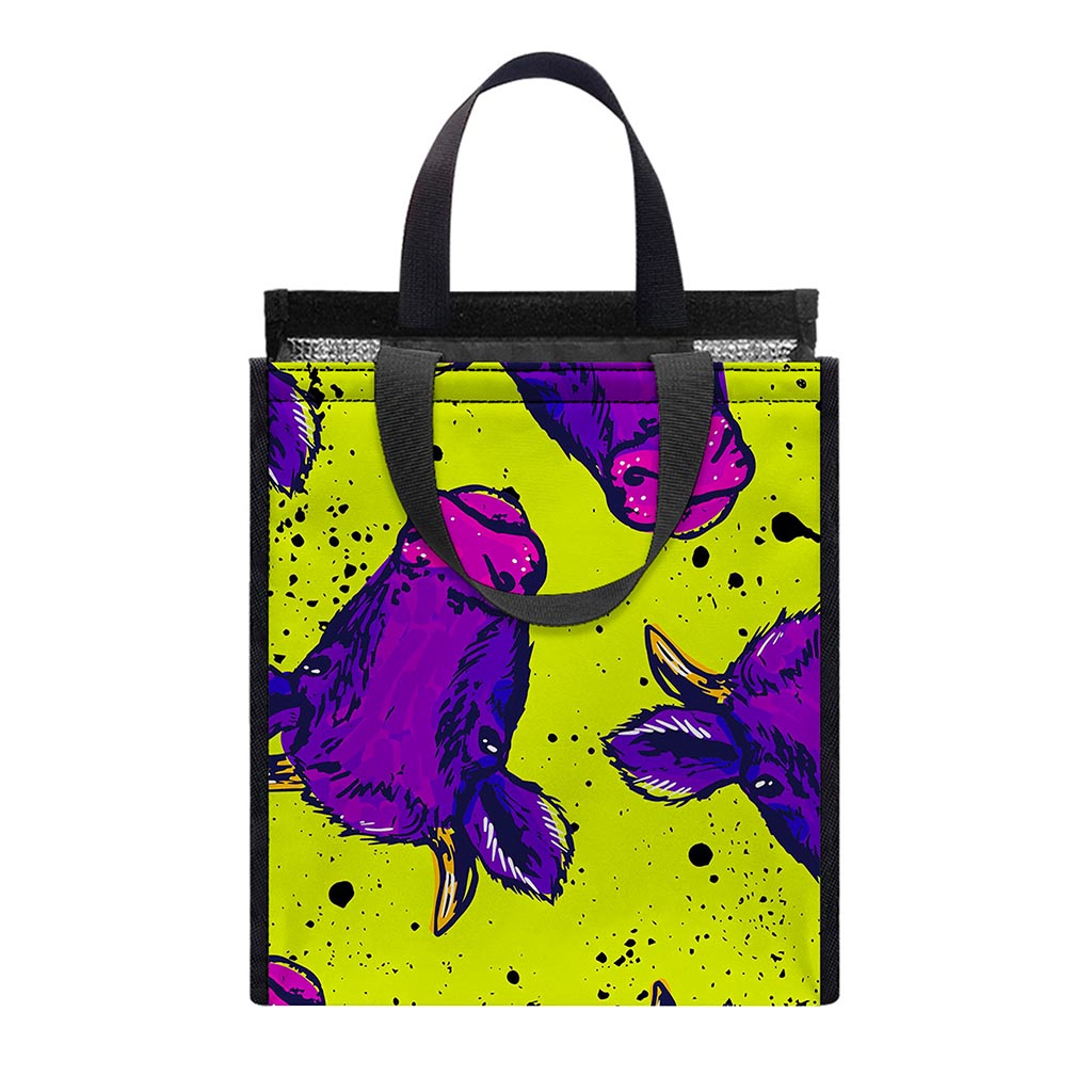 Lime Green And Purple Cow Pattern Print Insulated Lunch Tote