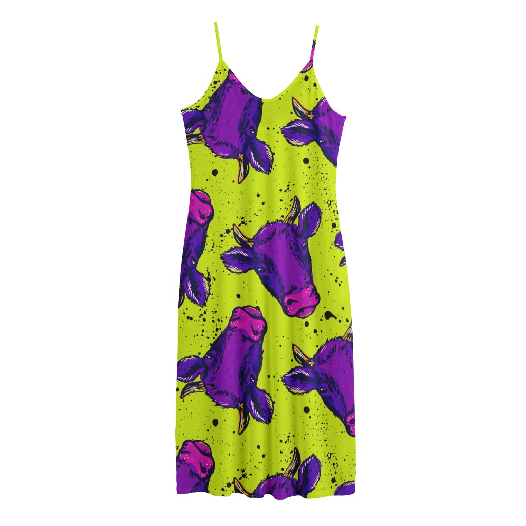 Lime Green And Purple Cow Pattern Print Jersey Midi Cami Dress