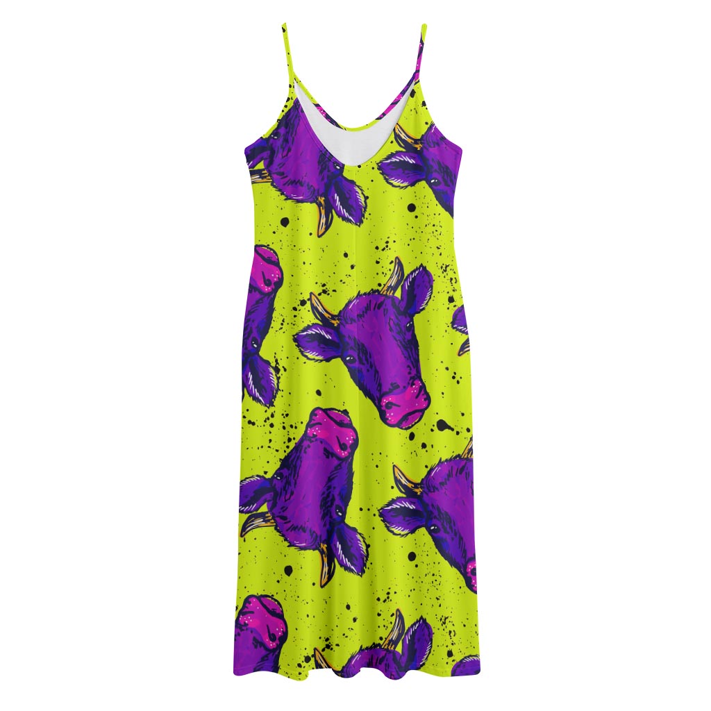 Lime Green And Purple Cow Pattern Print Jersey Midi Cami Dress