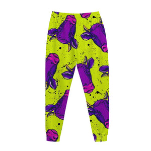 Lime Green And Purple Cow Pattern Print Jogger Pants