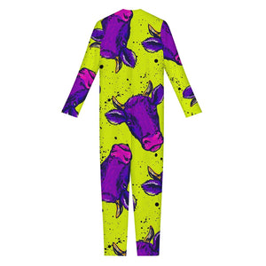 Lime Green And Purple Cow Pattern Print Jumpsuit