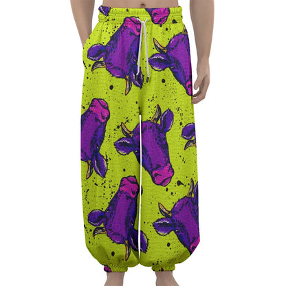 Lime Green And Purple Cow Pattern Print Lantern Pants