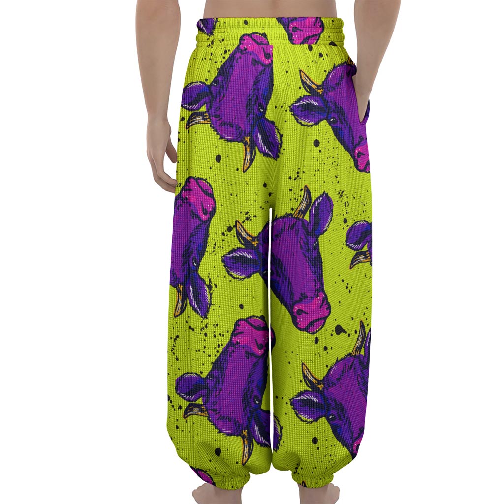 Lime Green And Purple Cow Pattern Print Lantern Pants