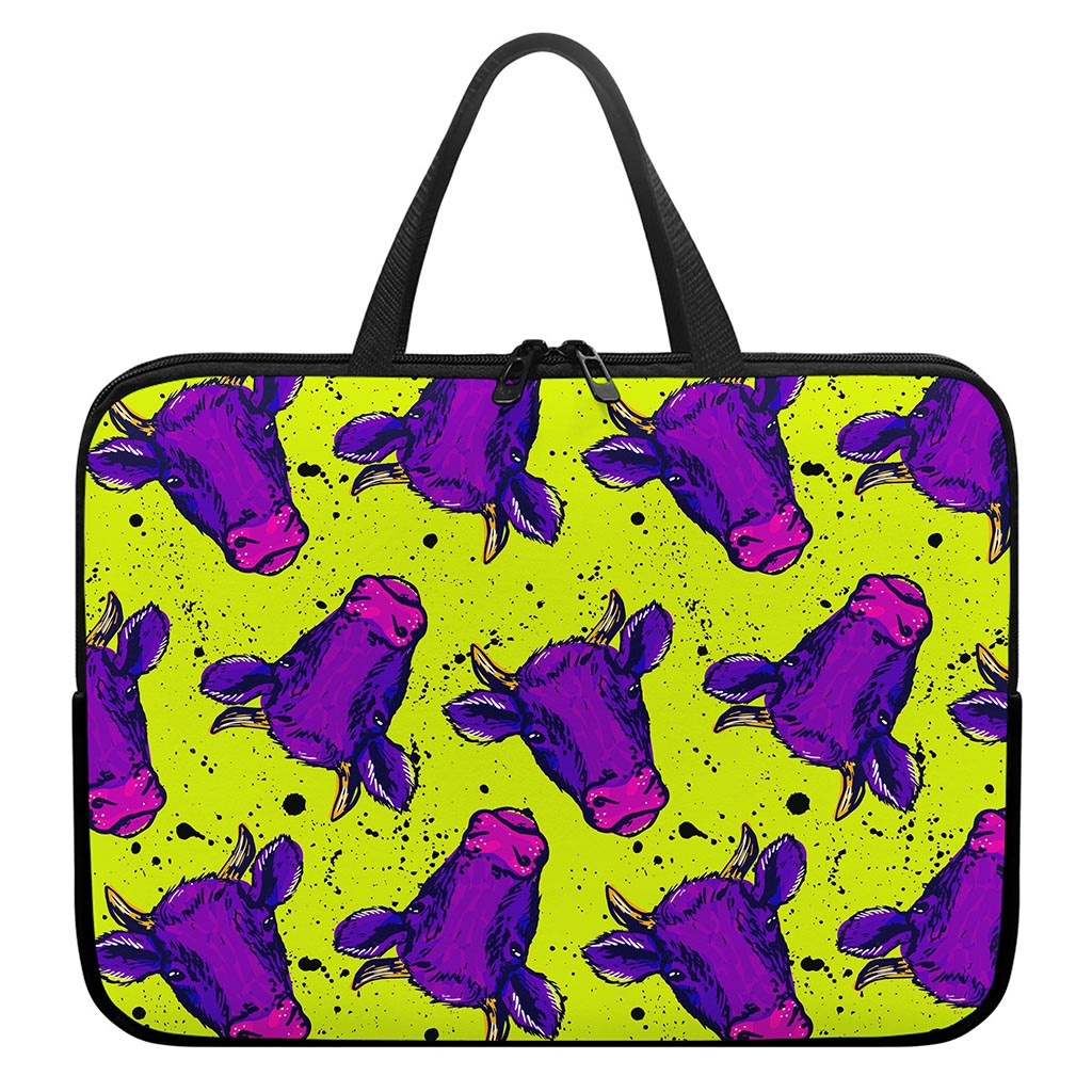 Lime Green And Purple Cow Pattern Print Laptop Sleeve With Handle