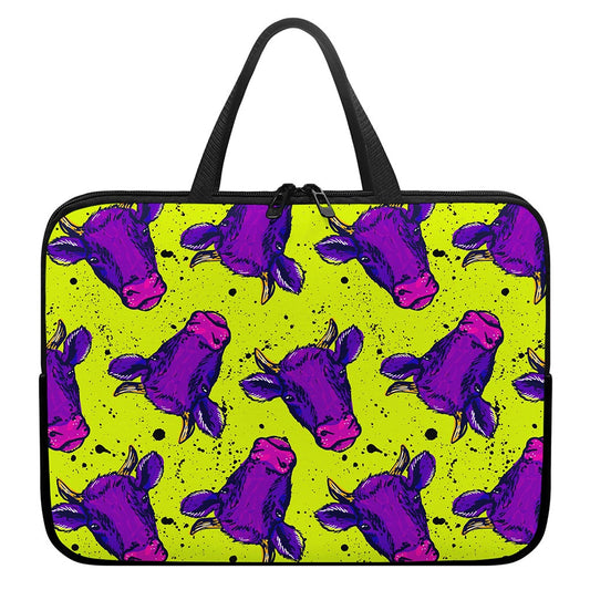 Lime Green And Purple Cow Pattern Print Laptop Sleeve With Handle