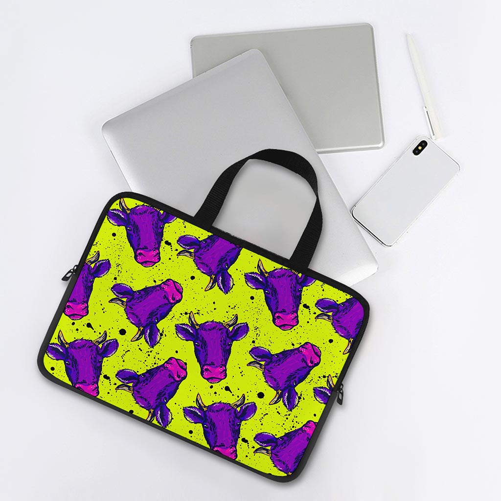 Lime Green And Purple Cow Pattern Print Laptop Sleeve With Handle