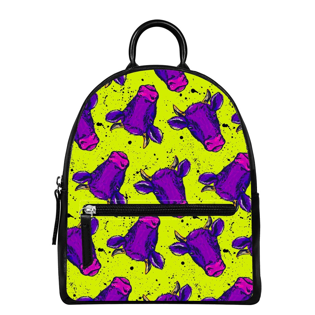 Lime Green And Purple Cow Pattern Print Leather Backpack