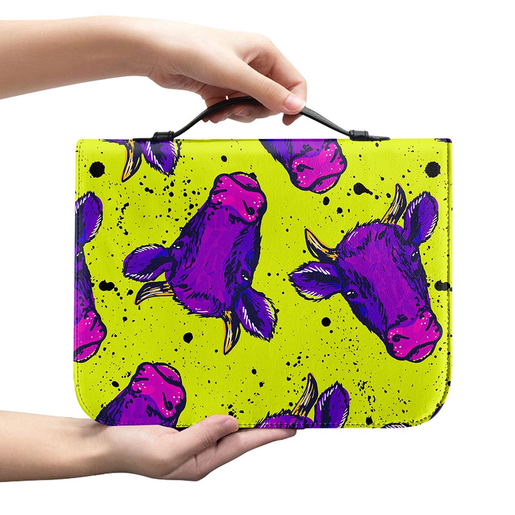 Lime Green And Purple Cow Pattern Print Leather Bible Cover