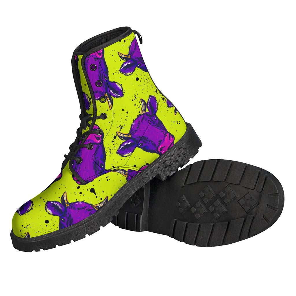 Lime Green And Purple Cow Pattern Print Backpack
