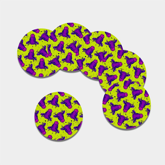 Lime Green And Purple Cow Pattern Print Leather Coaster Set