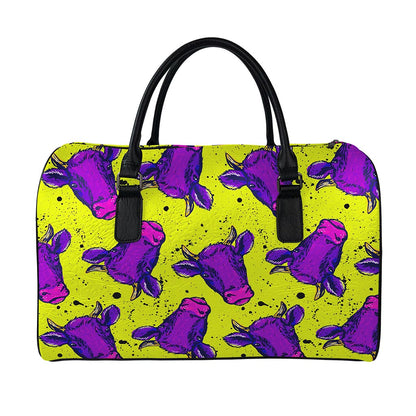 Lime Green And Purple Cow Pattern Print Leather Duffle Bag