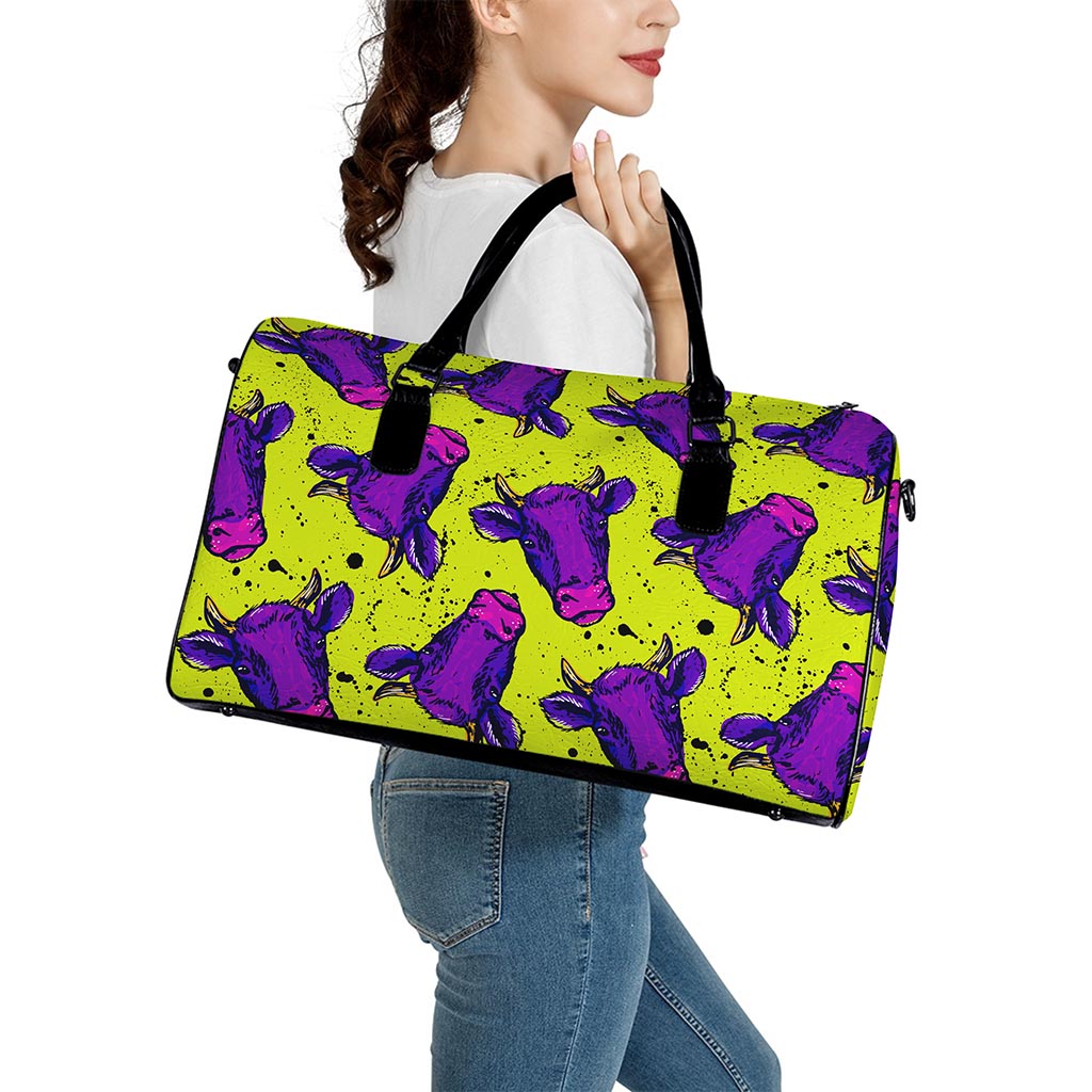Lime Green And Purple Cow Pattern Print Leather Duffle Bag