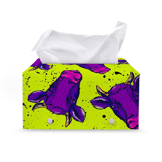 Lime Green And Purple Cow Pattern Print Leather Tissue Box Cover