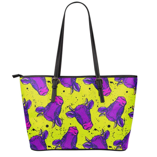 Lime Green And Purple Cow Pattern Print Leather Tote Bag