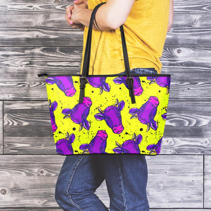 Lime Green And Purple Cow Pattern Print Leather Tote Bag