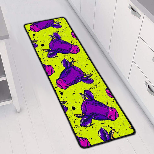 Lime Green And Purple Cow Pattern Print Long Kitchen Mat