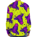 Lime Green And Purple Cow Pattern Print Long Sleeve Baseball Jersey