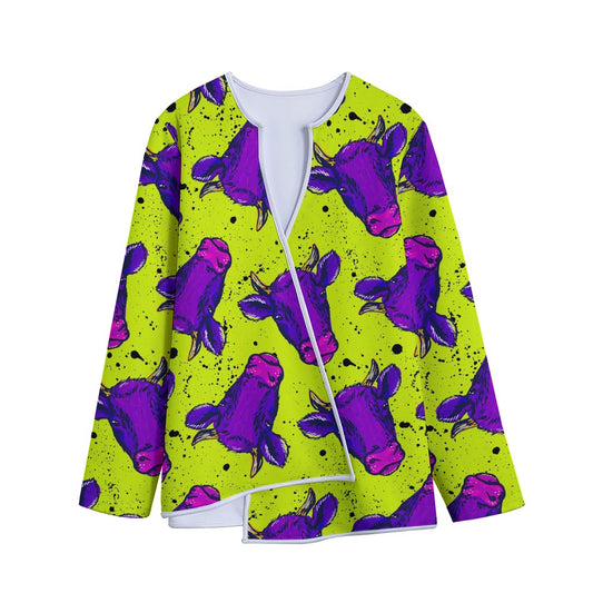 Lime Green And Purple Cow Pattern Print Long Sleeve Short Coat
