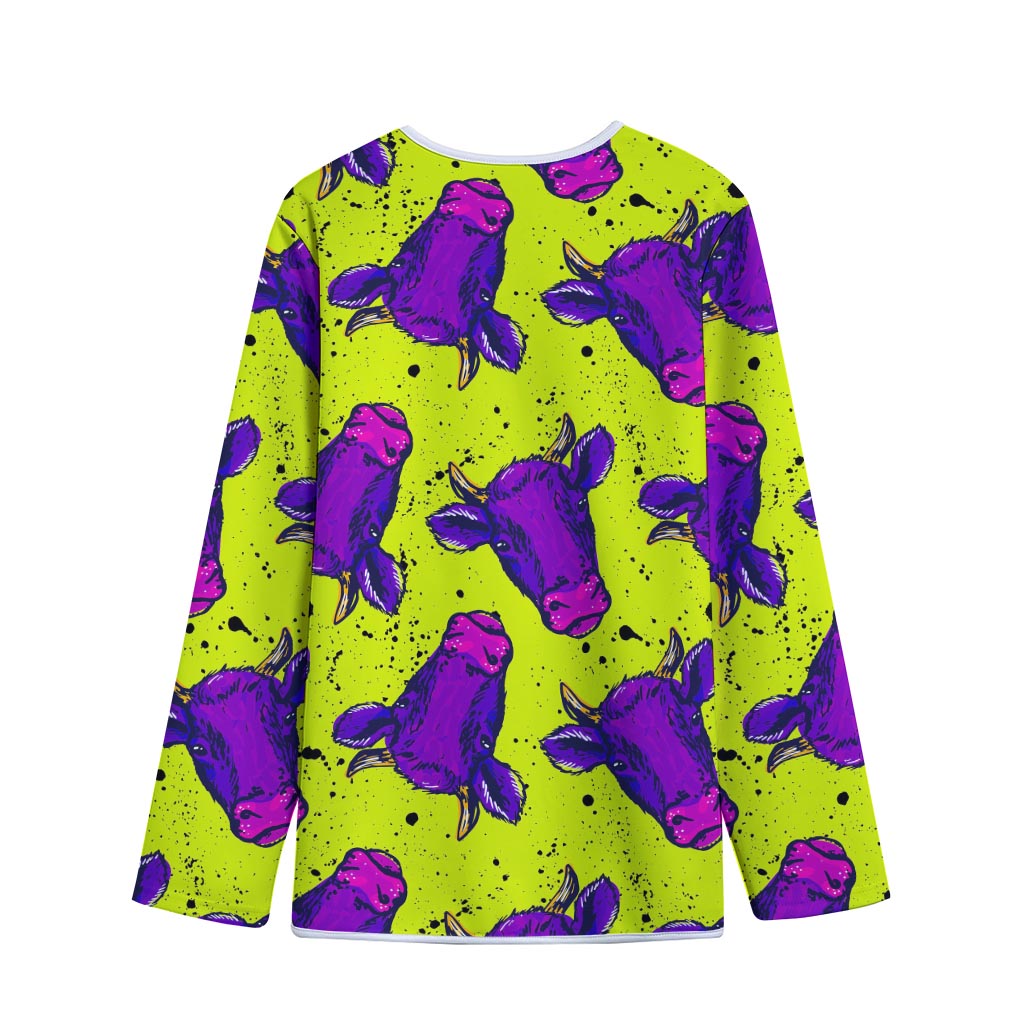 Lime Green And Purple Cow Pattern Print Long Sleeve Short Coat