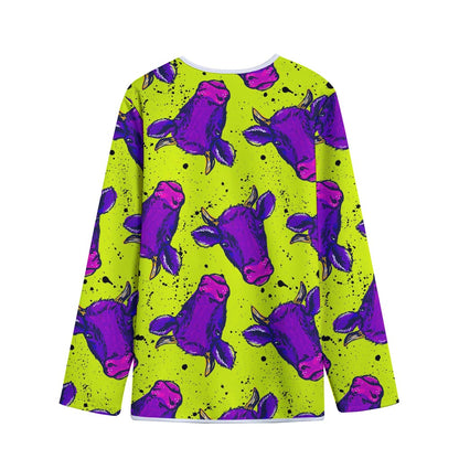 Lime Green And Purple Cow Pattern Print Long Sleeve Short Coat