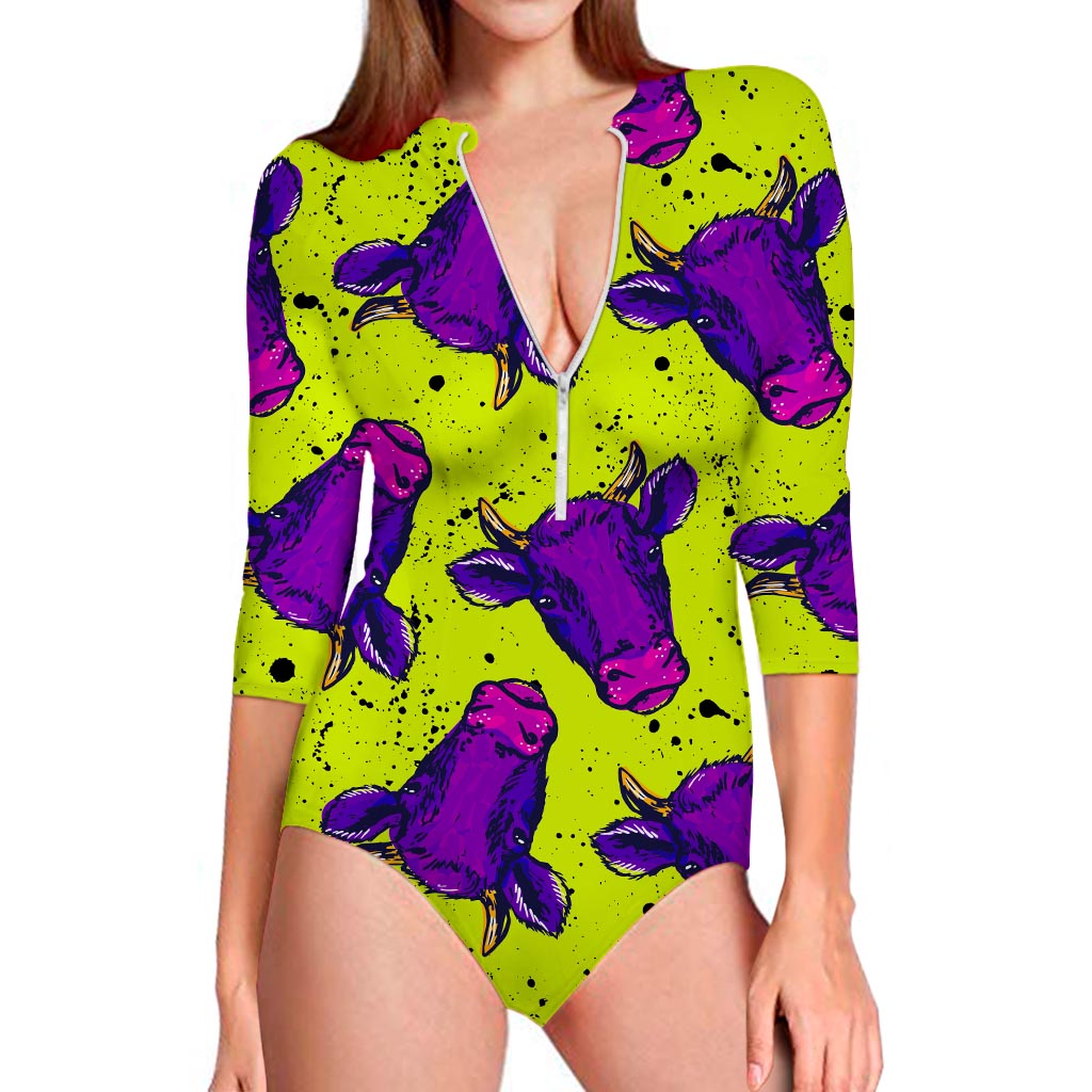 Lime Green And Purple Cow Pattern Print Long Sleeve Swimsuit