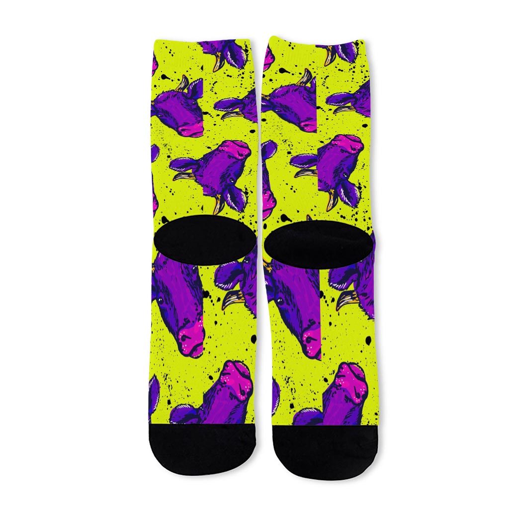 Lime Green And Purple Cow Pattern Print Long Socks