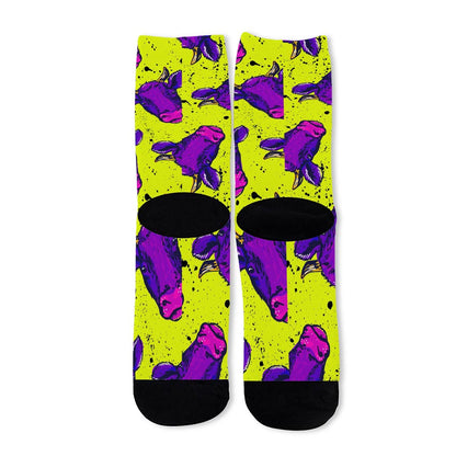 Lime Green And Purple Cow Pattern Print Long Socks