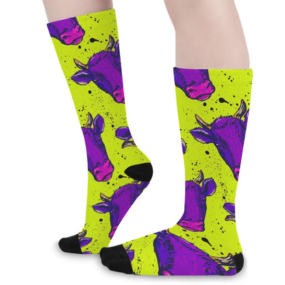 Lime Green And Purple Cow Pattern Print Long Socks