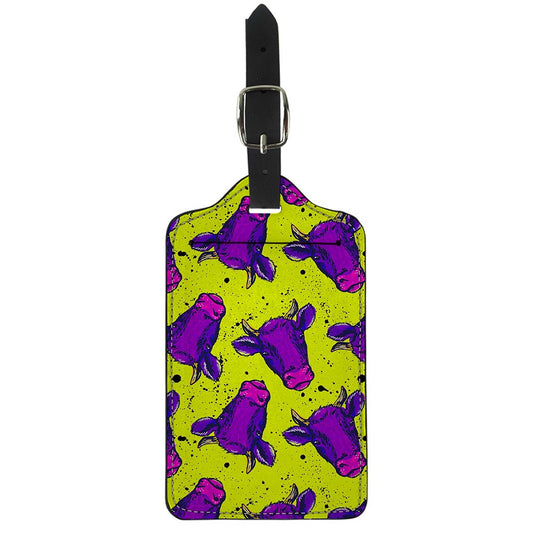 Lime Green And Purple Cow Pattern Print Luggage Tag