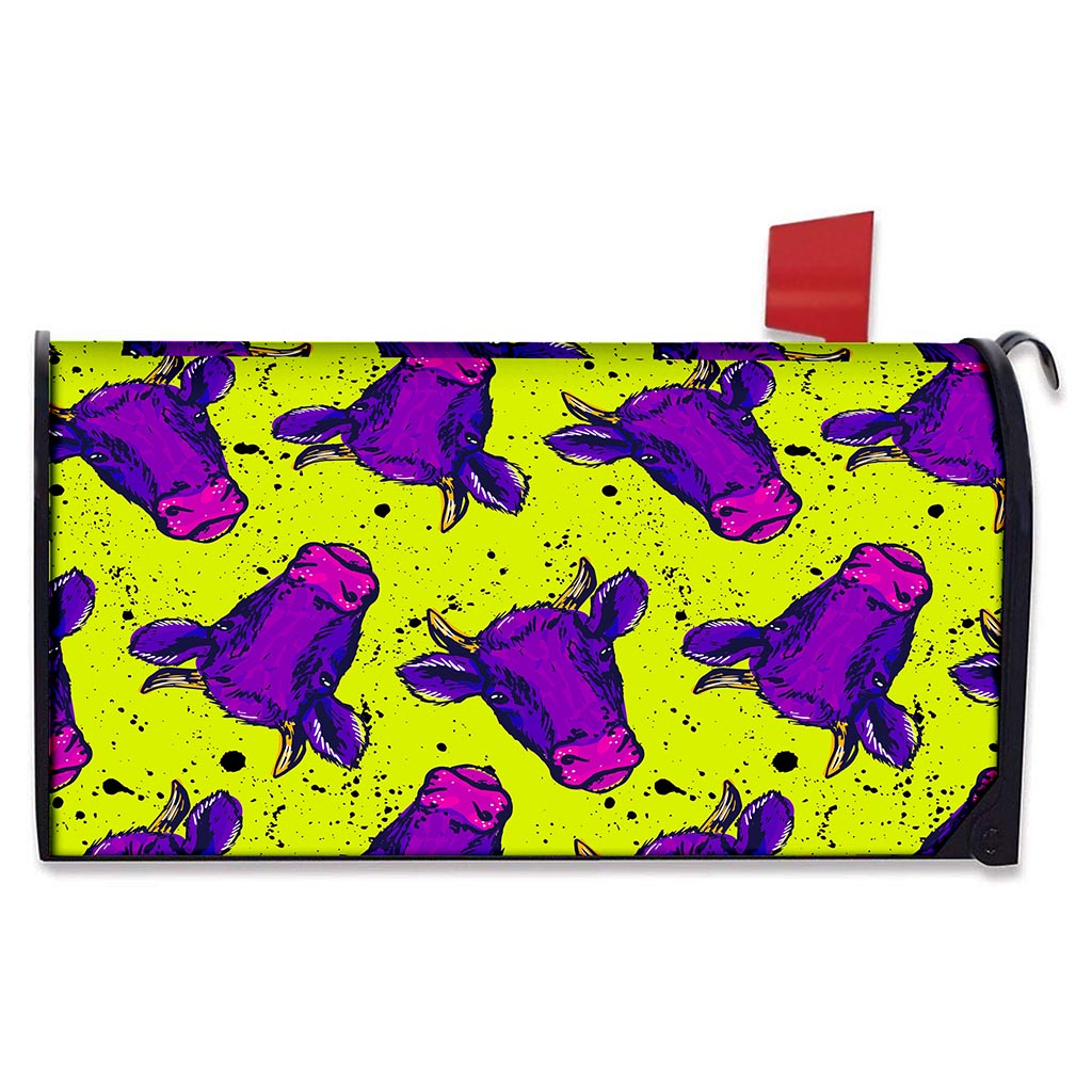 Lime Green And Purple Cow Pattern Print Mailbox Cover