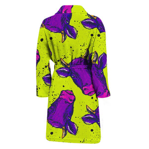 Lime Green And Purple Cow Pattern Print Men's Bathrobe