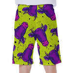 Lime Green And Purple Cow Pattern Print Men's Beach Shorts