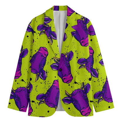 Lime Green And Purple Cow Pattern Print Men's Blazer