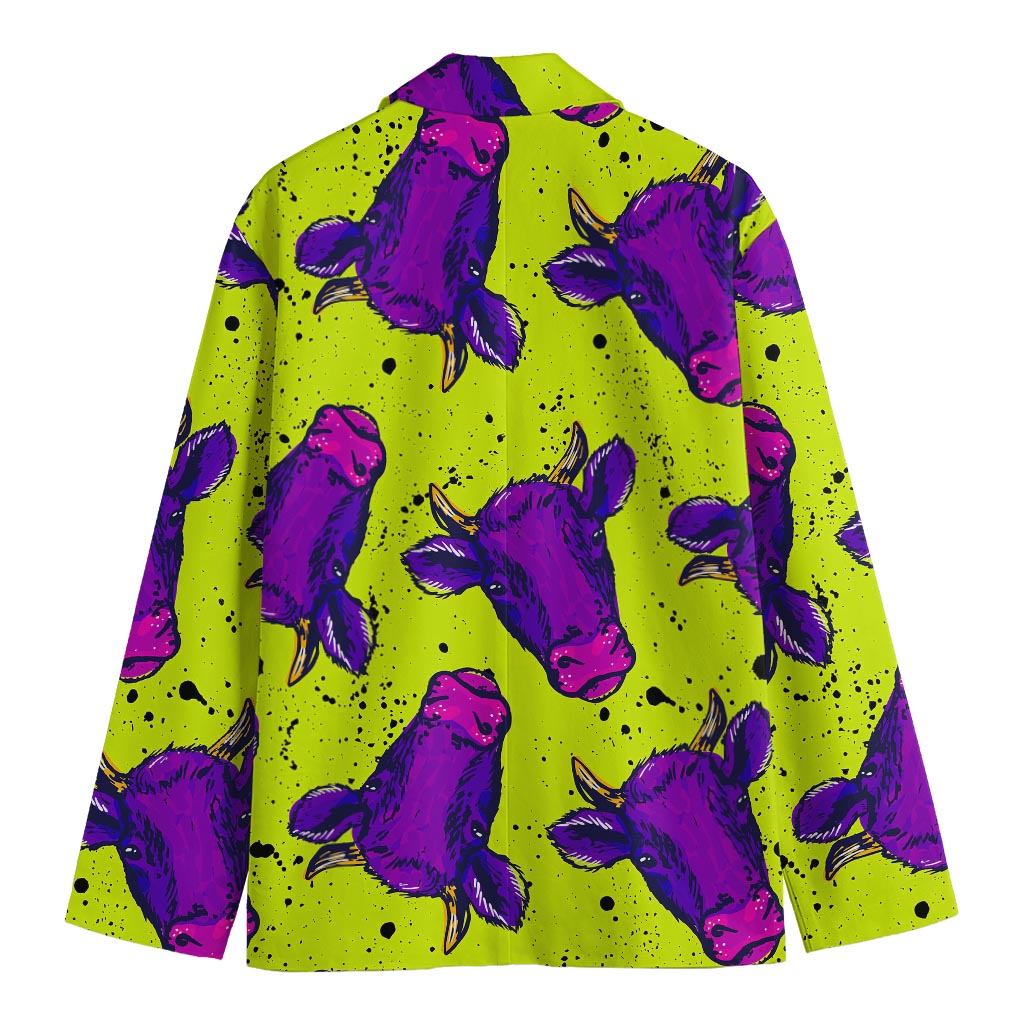 Lime Green And Purple Cow Pattern Print Men's Blazer
