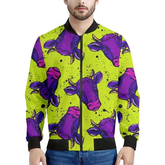 Lime Green And Purple Cow Pattern Print Men's Bomber Jacket