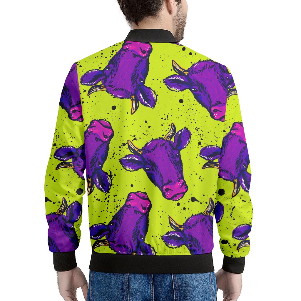 Lime Green And Purple Cow Pattern Print Men's Bomber Jacket