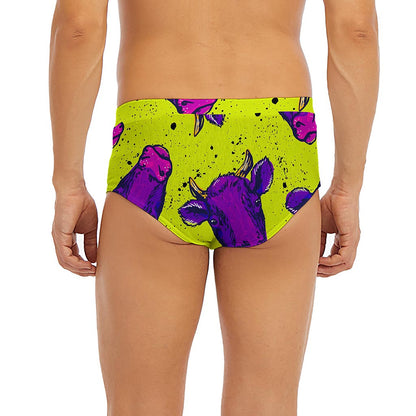Lime Green And Purple Cow Pattern Print Men's Briefs