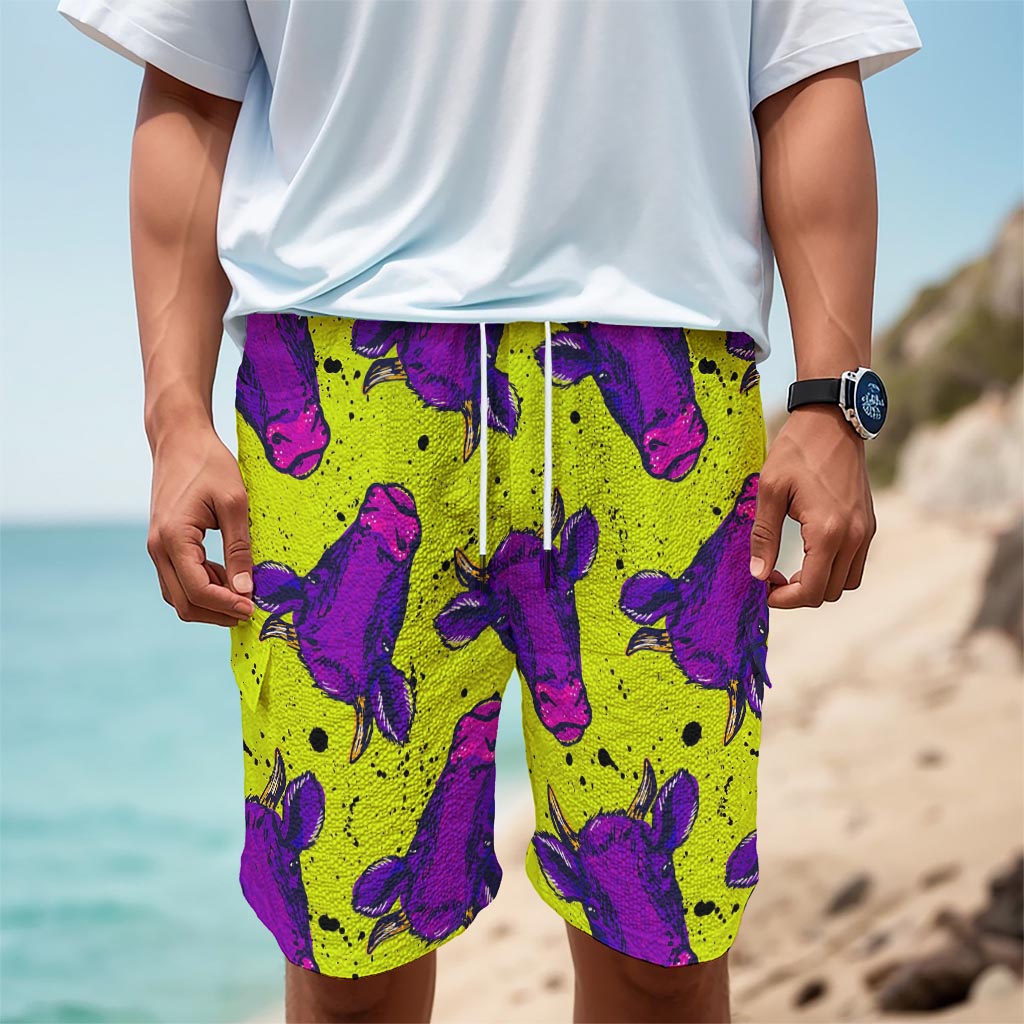 Lime Green And Purple Cow Pattern Print Men's Cargo Shorts